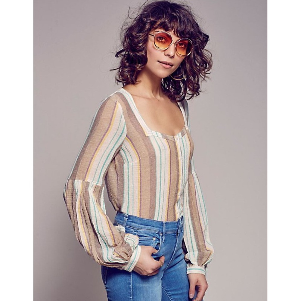 FREE PEOPLE Size S Gauze Button Down Stripe Cotton Blouse Wide Pleated Sleeve